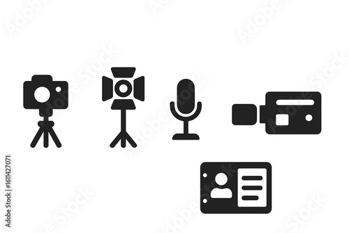 Media interview equipment icons set. Black glyph pictograms of DSLR camera tripod, studio light, condenser microphone, video camcorder, ID badge. Vector transparent background