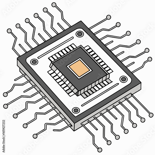 Isometric Illustration of a Microchip with Detailed Circuitry