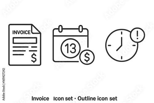 Invoice and Payment Reminder Outline Icon Set: Billing Statement, Calendar Due Date with Dollar Coin, Overdue Clock Alert, Deadline Icon, Editable Stroke Vector Background