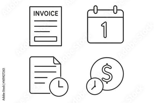 Outline finance and billing icon set with invoice document, calendar due date, reminder clock, pending payment dollar coin, editable stroke vector on transparent background