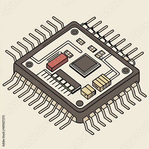Isometric Illustration of a Microchip with Detailed Circuitry