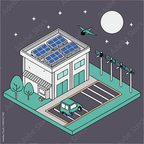 Isometric Illustration of a Modern Building with Solar Panels at Night