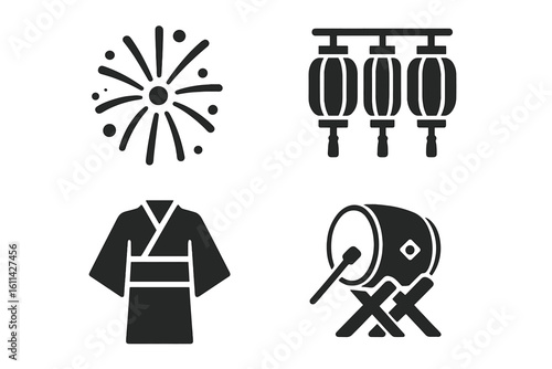 Japanese festival icons, solid vector set: fireworks burst, chochin paper lanterns, yukata kimono, taiko drum percussion, Matsuri culture symbols on transparent background