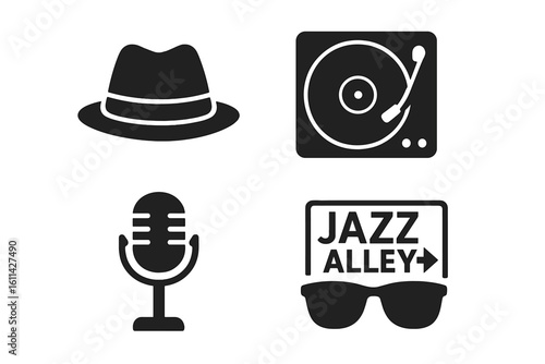 Solid black jazz icon set vector illustration. Fedora trilby hat silhouette, vinyl record turntable, vintage swing microphone glyph, Jazz Alley street sign with sunglasses.