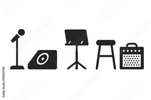 Jazz stage equipment solid icon set, filled black symbols of microphone stand, floor wedge monitor speaker, music stand, bar stool, guitar amplifier, concert vector illustration