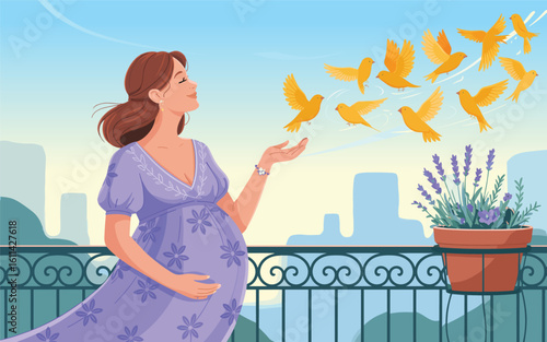 Vector illustration of a happy expectant mother finding peace and freedom on a city balcony