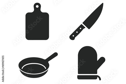 Black solid kitchen utensil icon set isolated vector illustration: cutting board with handle, chef knife, frying pan skillet, oven mitt pictograms, cooking tools glyph symbols