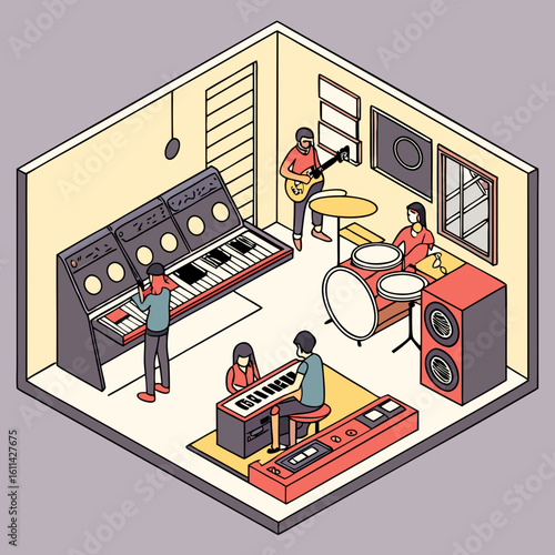 Isometric Illustration of a Retro Music Studio with Band