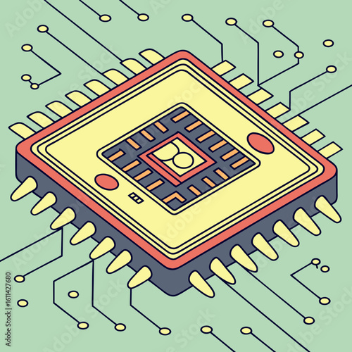 Isometric Illustration of a Retro Style Microchip Circuit