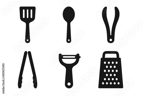 Kitchen utensil glyph icon set featuring slotted spatula, cooking spoon, tweezer tongs, locking tongs, Y-peeler, cheese grater. Solid black silhouette vector symbols for food prep