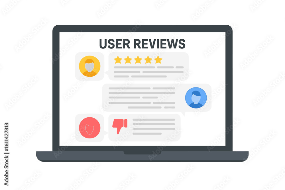 Laptop displaying customer review ratings and feedback messages, five star positive review and thumbs down negative comment icons, online user reviews interface, e-commerce consumer opinion concept Laptop displaying customer review ratings and feedback messages, five star positive review and thumbs down negative comment icons, online user reviews interface, e-commerce consumer opinion concept