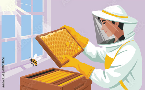 A flat vector illustration of a beekeeper holding a honeycomb frame near a beehive.