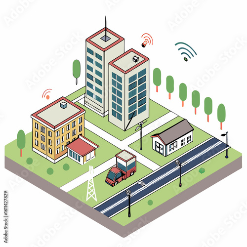 Isometric Illustration of a Smart City with Buildings and Infrastructure