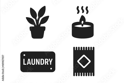 Solid filled laundry room icon set showing cozy home essentials: potted houseplant, scented tealight candle, laundry plaque sign, decorative woven small rug, black silhouette vector