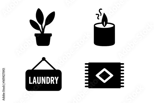 Minimalist laundry room icon set, black filled vector silhouettes of potted houseplant, aromatic scented candle, hanging laundry sign plaque, floor mat rug, home decor pictograms