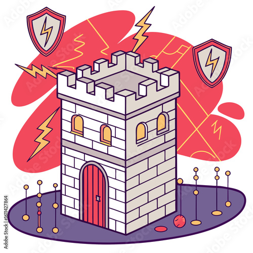 Isometric Illustration of a Stone Castle Under Lightning Strike Protection