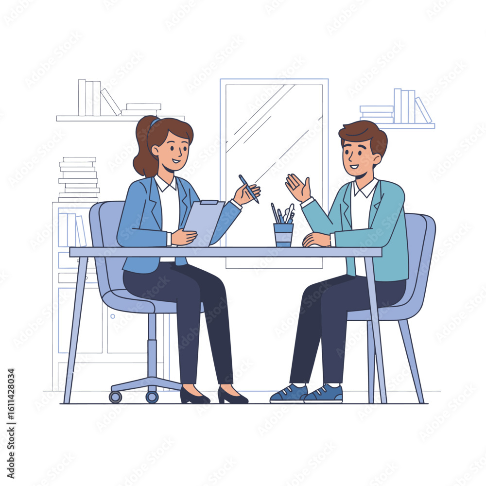 Obraz premium Two people a woman man in blue suits sit at a table in an office she points with a pen engaged in conversation