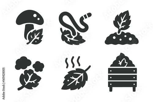 Leaf decomposition and compost process icon set: fungi mushroom, earthworm, soil nutrients, mold spores, steaming leaf breakdown, compost bin, organic waste recycling pictograms