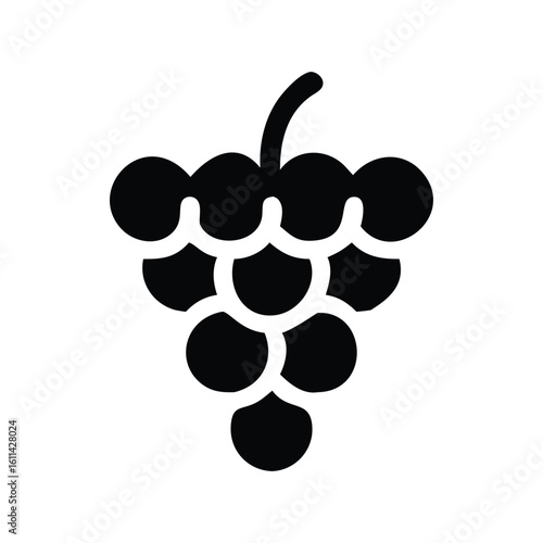 Simple black silhouette icon of a bunch of grapes with a stem on a white background