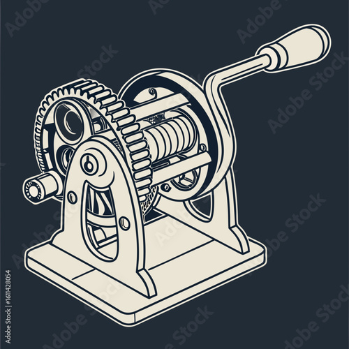 Isometric Illustration of a Vintage Metal Hand Crank Machine