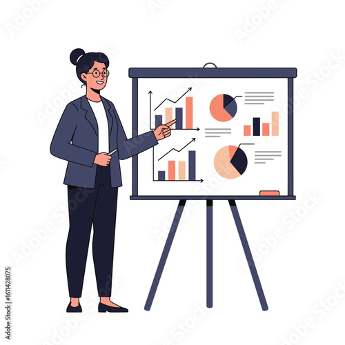 Person presents on a white board showing charts graphs and written lists using a pen