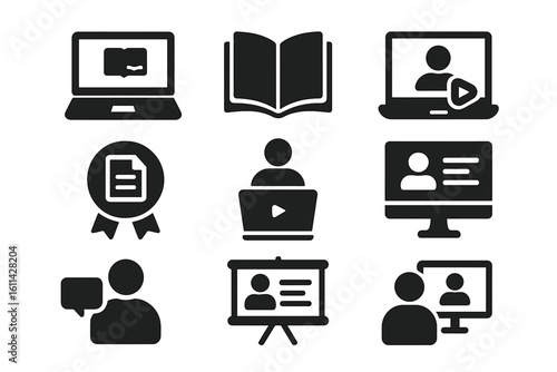 Solid glyph e-learning icons set: laptop with ebook, open textbook, online tutorial video, certificate badge, webinar presentation board, remote training, education symbols