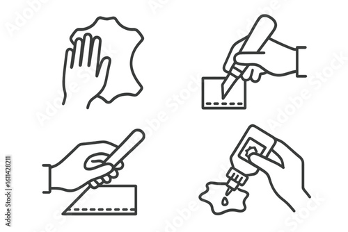 Leatherworking outline icon set of hands crafting leather hide with cutting knife, stitching awl, edge beveler, leather dye bottle, DIY artisan workshop tools, line art vector isolated