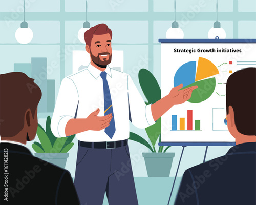 Professional speaker presenting strategic growth data on a chart during a corporate meeting