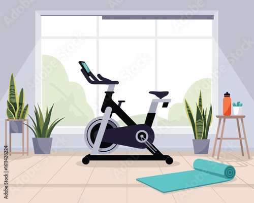 Modern flat vector illustration of a home gym with an exercise bike and yoga mat