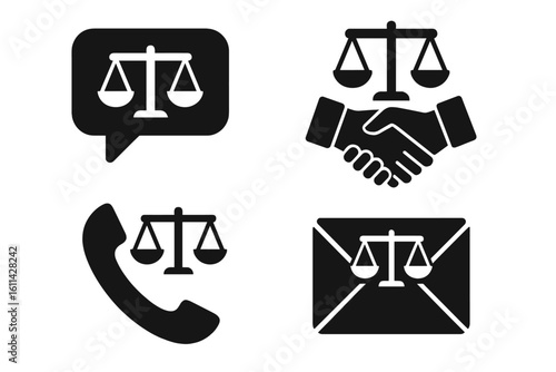 Law firm communication icon set featuring scales of justice: speech bubble, handshake agreement, phone support, email envelope. Solid black legal pictogram vector illustration