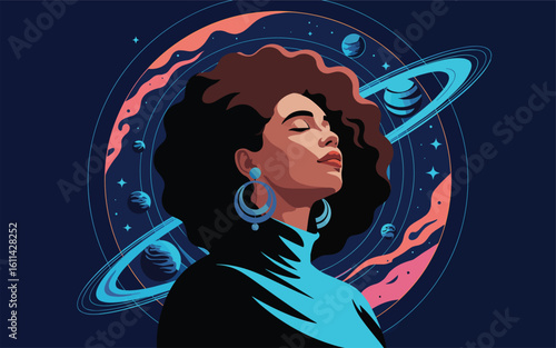 Stylized flat design illustration of a serene Black woman with an afro against a cosmic background.