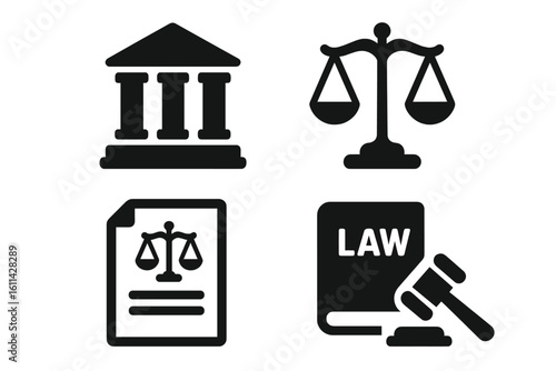 Solid filled legal icons set courthouse building pillars, justice scales balance, contract document, law book and judge gavel pictogram, black silhouette vector illustration