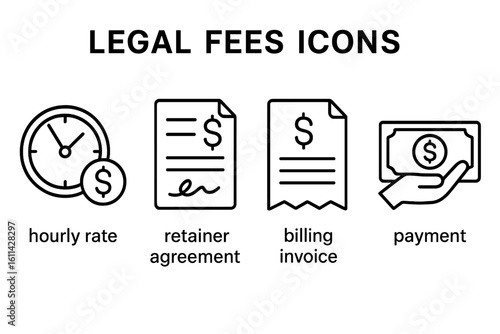 Legal fees and billing outline icon set for law firm services: hourly rate clock, signed retainer agreement contract, invoice receipt, cash payment hand, attorney cost vector icons