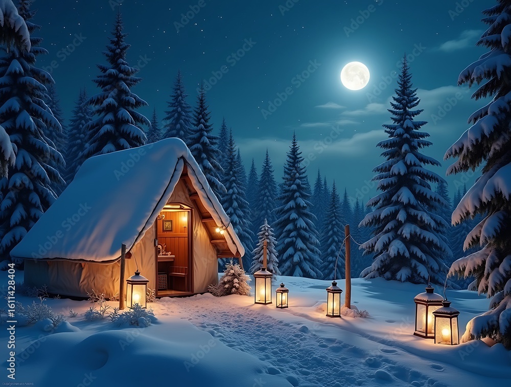 Fototapeta premium Snow covered tent in a winter forest at night image