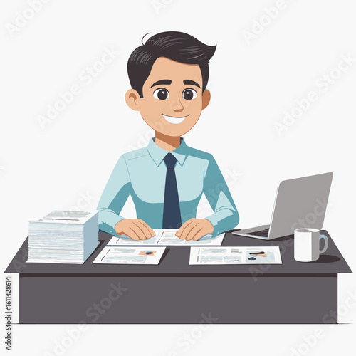 A cartoon man sits at a desk with documents a laptop  coffee mug