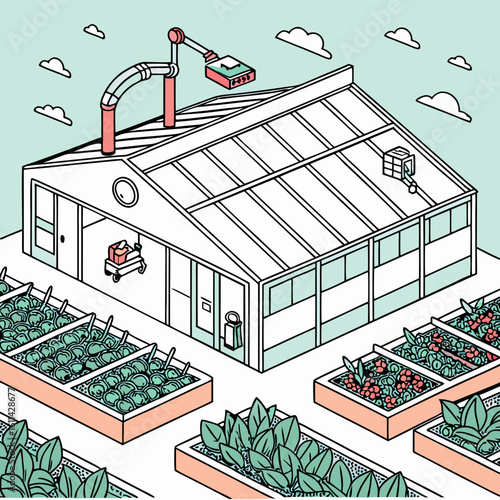 Isometric Illustration of Automated Greenhouse with Robotic Arm and Growing Vegetables