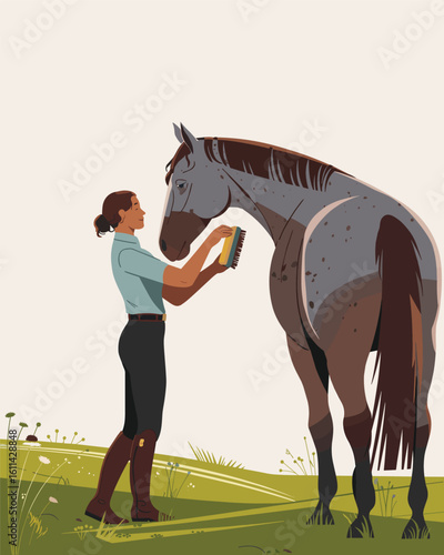 Woman Grooming Appaloosa Horse in Field