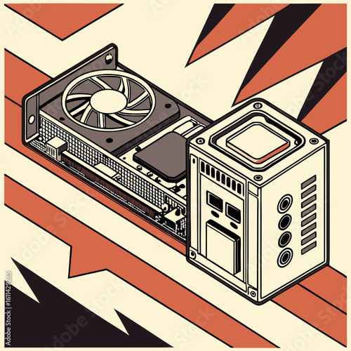 Isometric Illustration of Computer Graphics Card and CPU