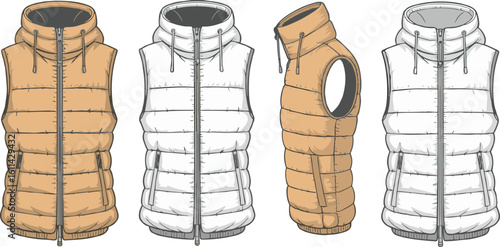 Puffer vest with hood fashion template featuring front, side views, zipper closure, drawstring detail, side pockets, CAD illustration set