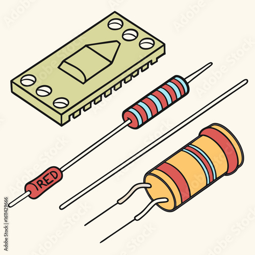 Isometric Illustration of Electronic Components: Resistors and Capacitor