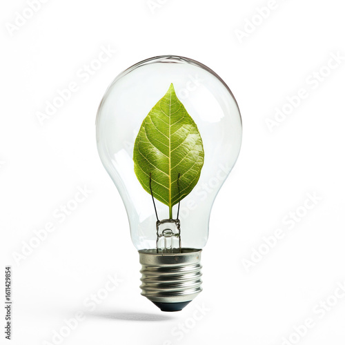 Light bulb with a green leaf inside, symbolizing eco-friendly power, on transparent background