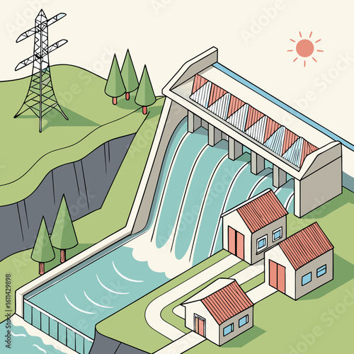 Isometric Illustration of Hydroelectric Dam and Power Generation