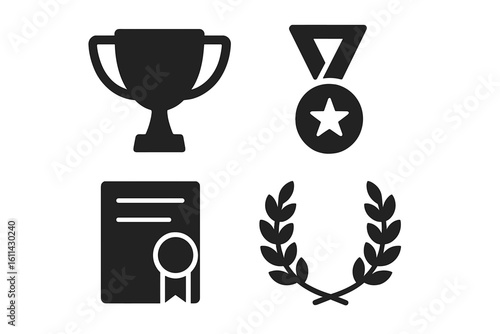 Solid black award icons set, trophy cup, star medal, certificate with ribbon seal, laurel wreath pictograms for achievement recognition, success, competition victory vector
