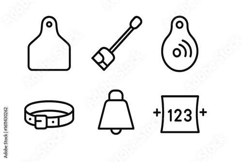 Livestock identification outline icon set with ear tag, branding iron, RFID tag, collar, cowbell, numeric tattoo tool for cattle traceability and farm management vector illustration