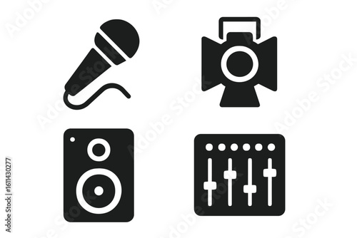 Live performance audio technology icons set – solid black microphone, stage spotlight, studio monitor speaker, DJ mixing console fader sliders. Sound engineering vector illustration.