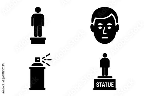 Living statue performer icon set. Silhouette street artist standing on pedestal, mannequin face mask, metallic spray paint can, dummy figure statue base label. Solid black glyph symbols