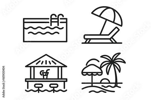 Luxury resort and beach vacation icons set. Line art infinity pool, sun lounger under umbrella, swim-up tiki bar with stools, tropical palm island sunset outline for travel