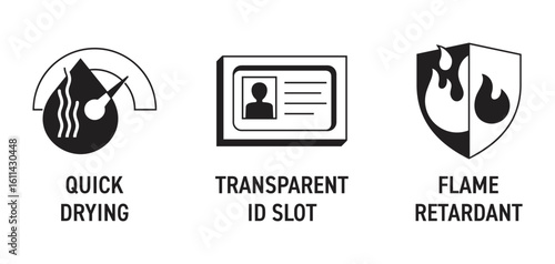 Safety Jacket icons - Flame Retardant, Quick Drying, Transparent ID slot. in monochrome style