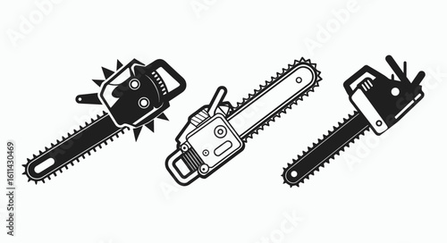  Chainsaw tool silhouette set, logging equipment icon, black vector graphic, chainsaw silhouette vector illustration 
