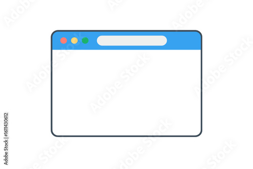 Minimal web browser window interface mockup, flat vector illustration of blank internet page template with blue address bar, colorful control buttons, empty white content area